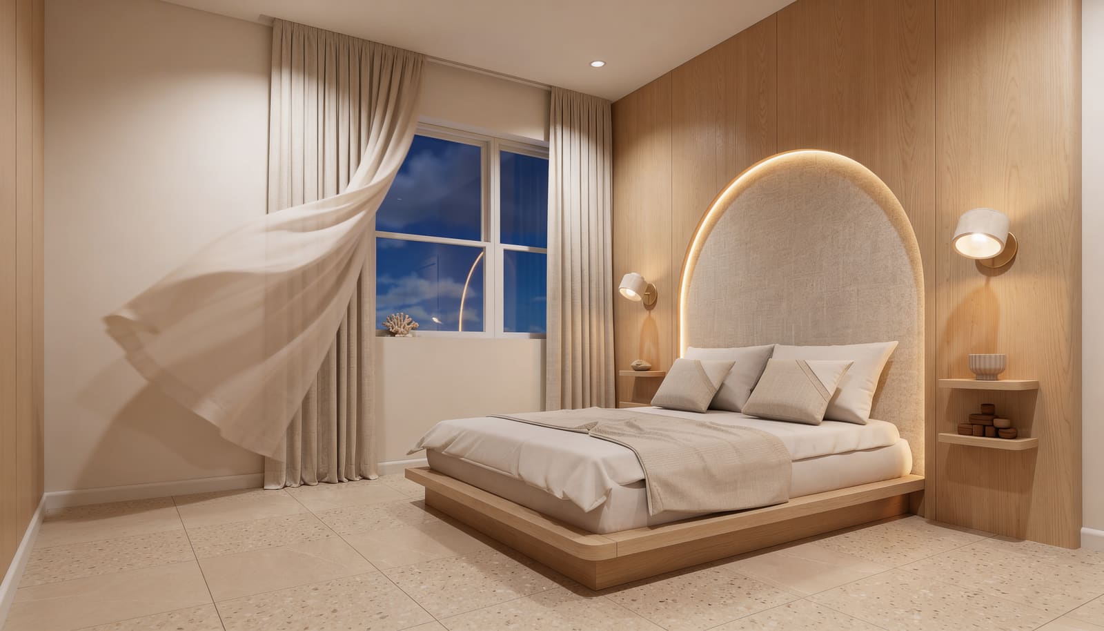 Habitación con cabecero en arco tapizado y suelo de terrazo