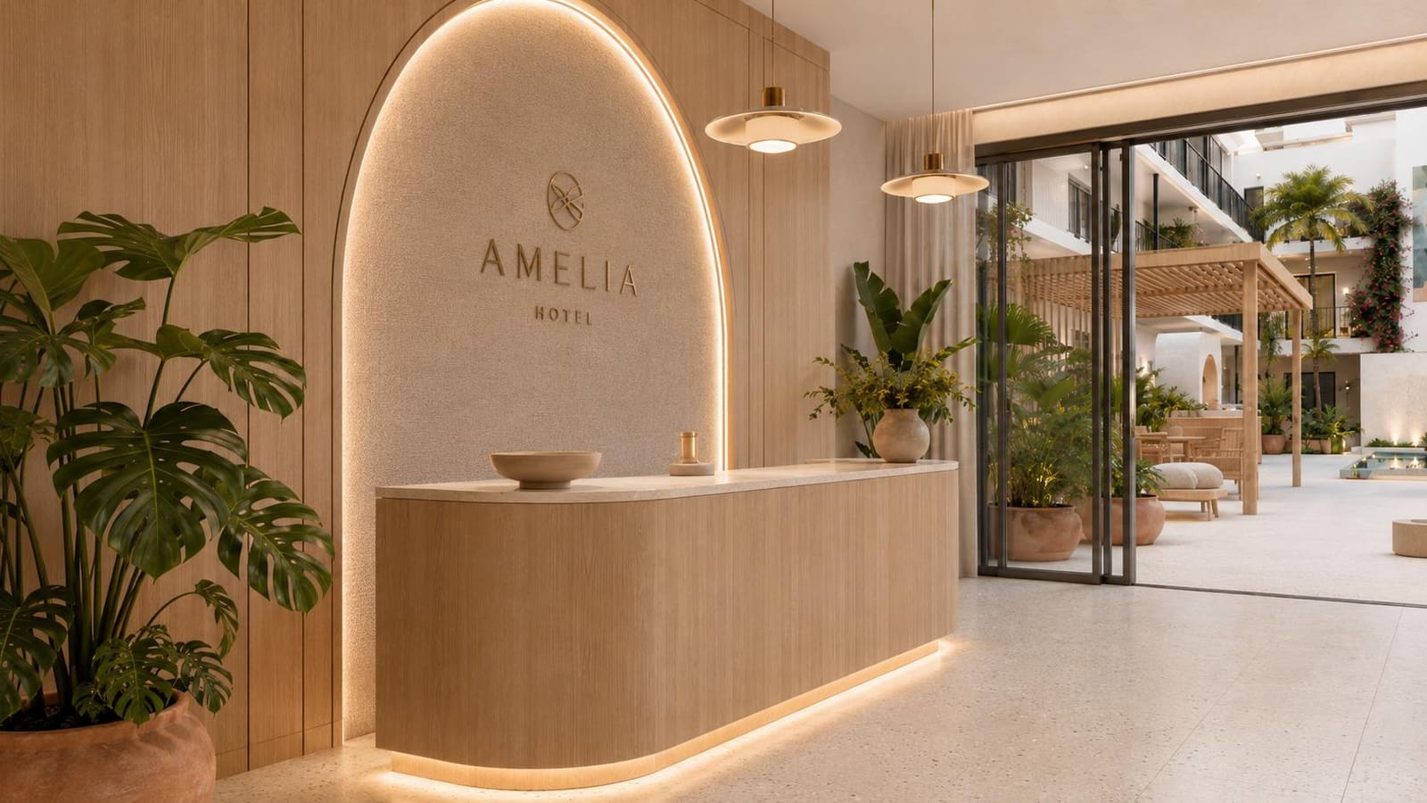 Recepción con arco iluminado y mostrador de roble