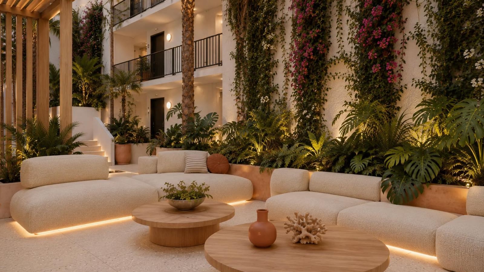 Salón del patio con jardines verticales y buganvilla